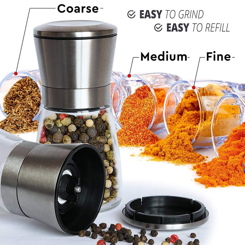 Mincham Salt and Pepper Grinder Set of 2, Premium Stainless Steel Spice Mill with Adjustable Coarseness, Ceramic Blades, Refillable Glass Body with 60Z capacity - Image 5